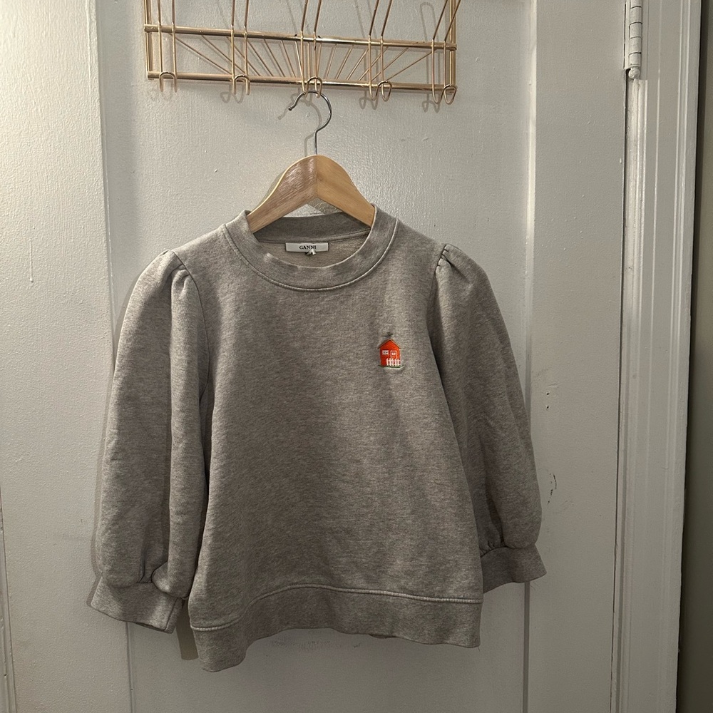 SOLD!! Ganni Gray Crewneck Sweatshirt with Embroidered red house Detail